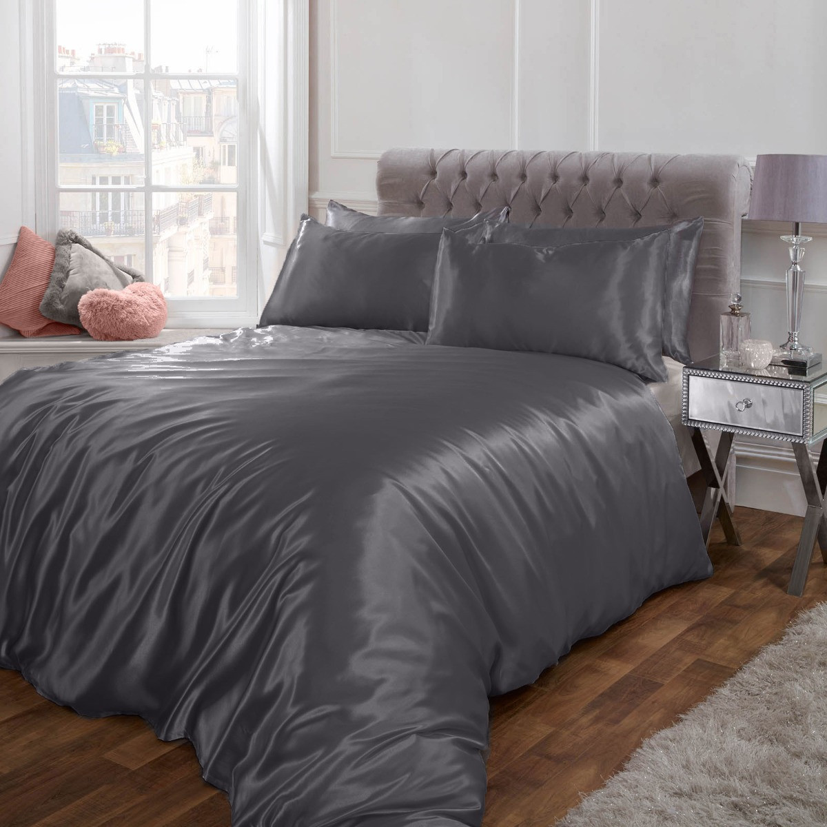 Sienna Plain Satin Duvet Cover Set, Silver Grey - Single>