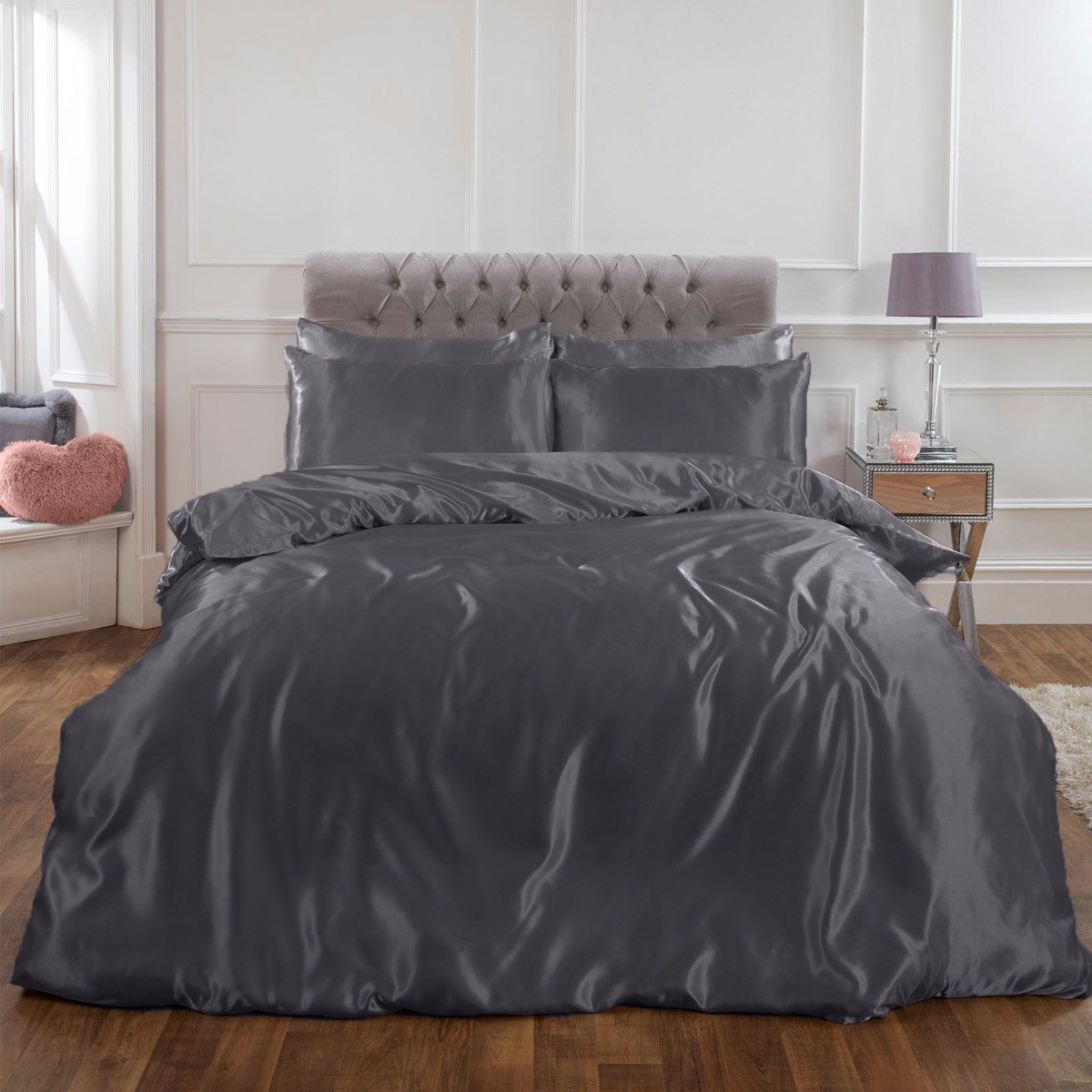 Sienna Plain Satin Duvet Cover Set, Silver Grey - Single>