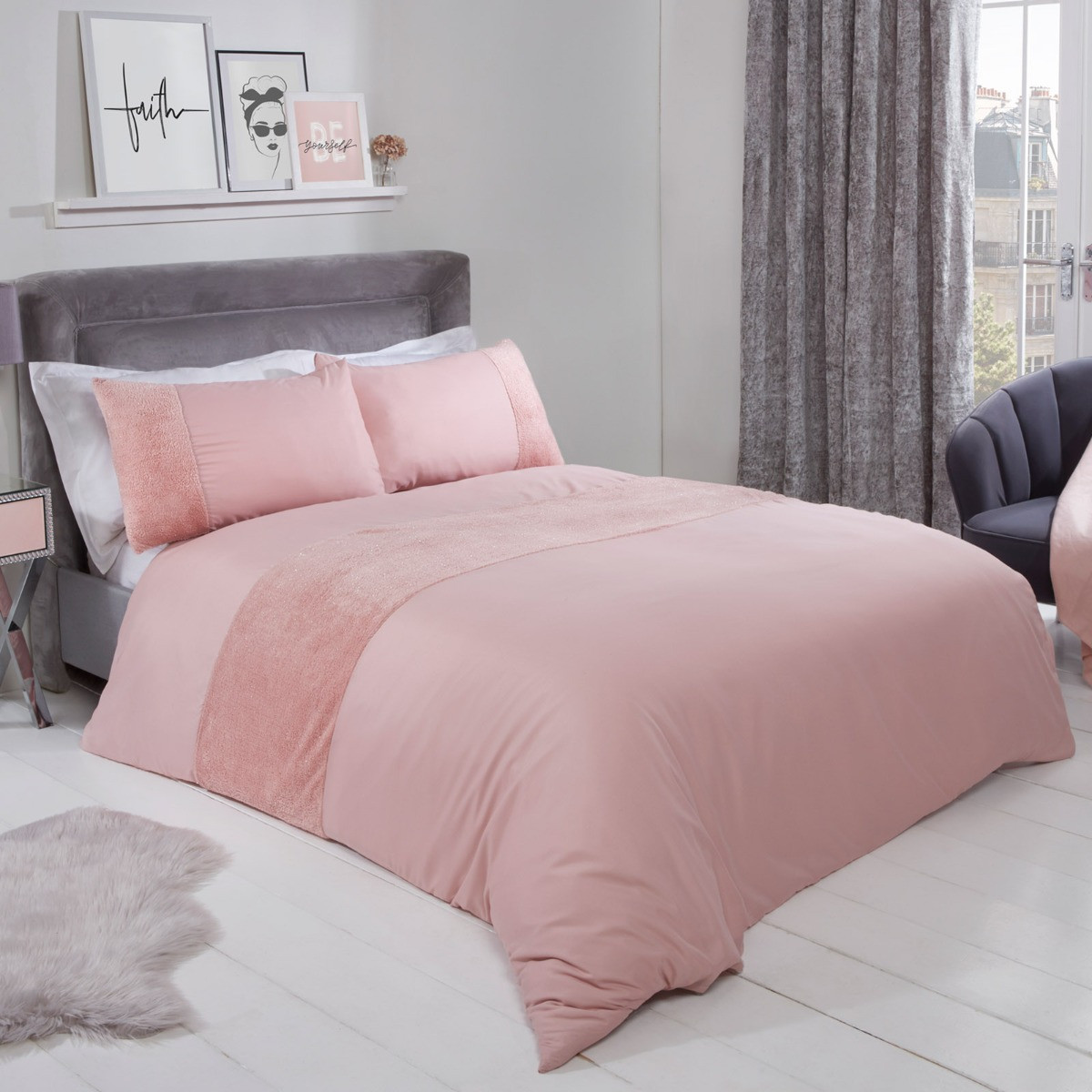 Sienna Glitter Teddy Fleece Panel Duvet Cover Set, Blush Pink - Single>