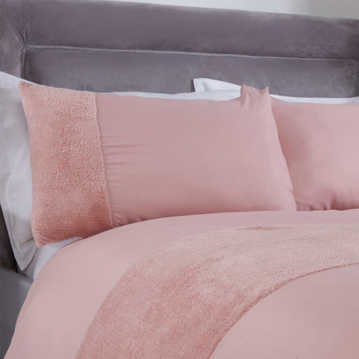 Sienna Glitter Teddy Fleece Panel Duvet Cover Set, Blush Pink - Single>