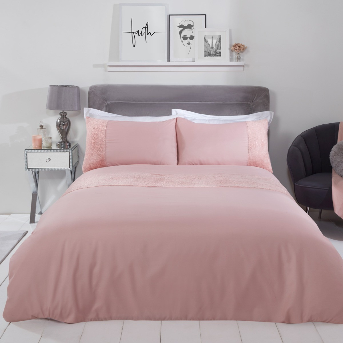 Sienna Glitter Teddy Fleece Panel Duvet Cover Set, Blush Pink - Single>