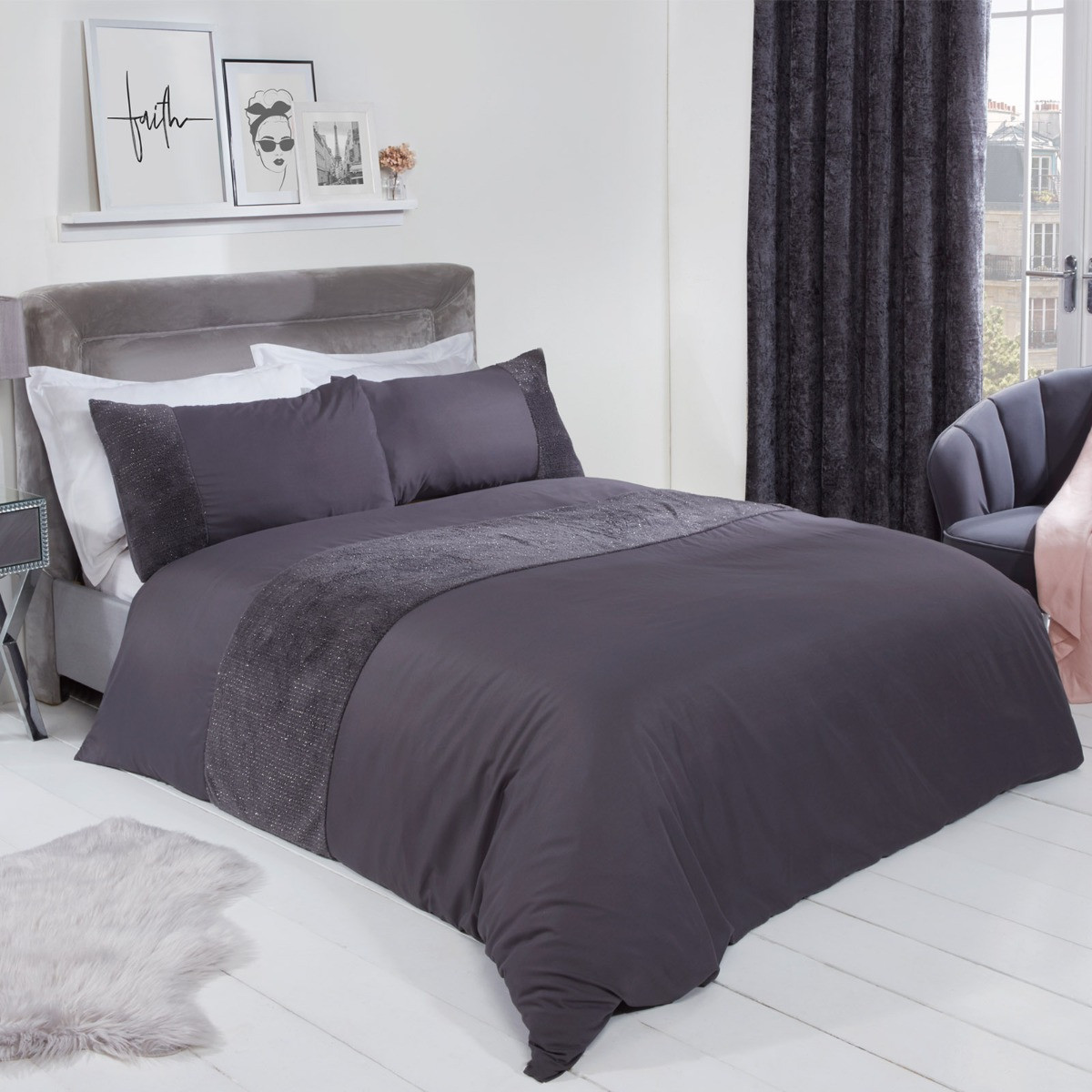 Sienna Glitter Teddy Fleece Panel Duvet Cover Set, Charcoal - Single>