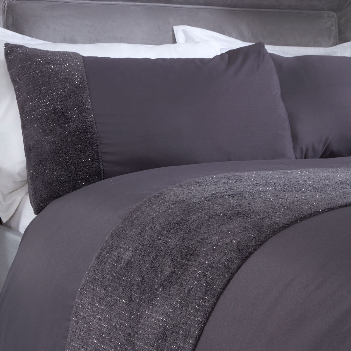 Sienna Glitter Teddy Fleece Panel Duvet Cover Set, Charcoal - Single>