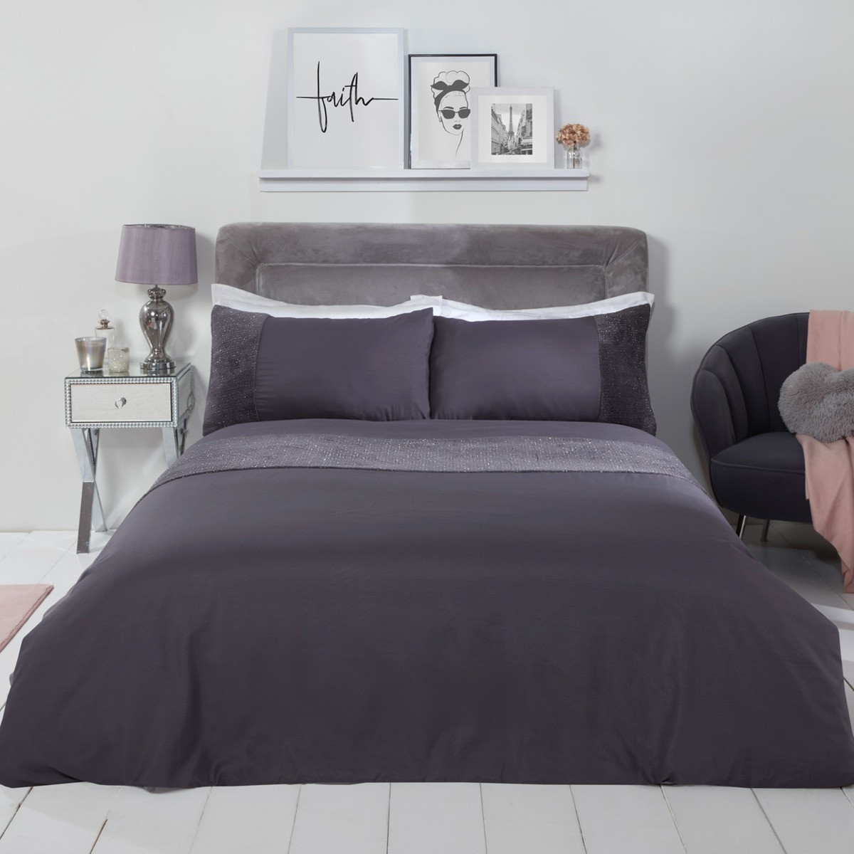 Sienna Glitter Teddy Fleece Panel Duvet Cover Set, Charcoal - Single>