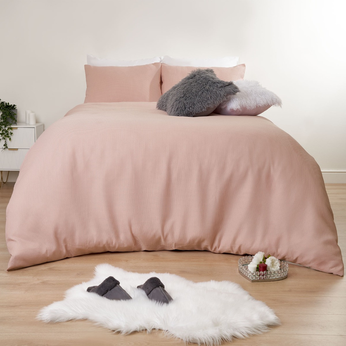 Sienna Waffle Weave Duvet Cover Set, Blush - King>