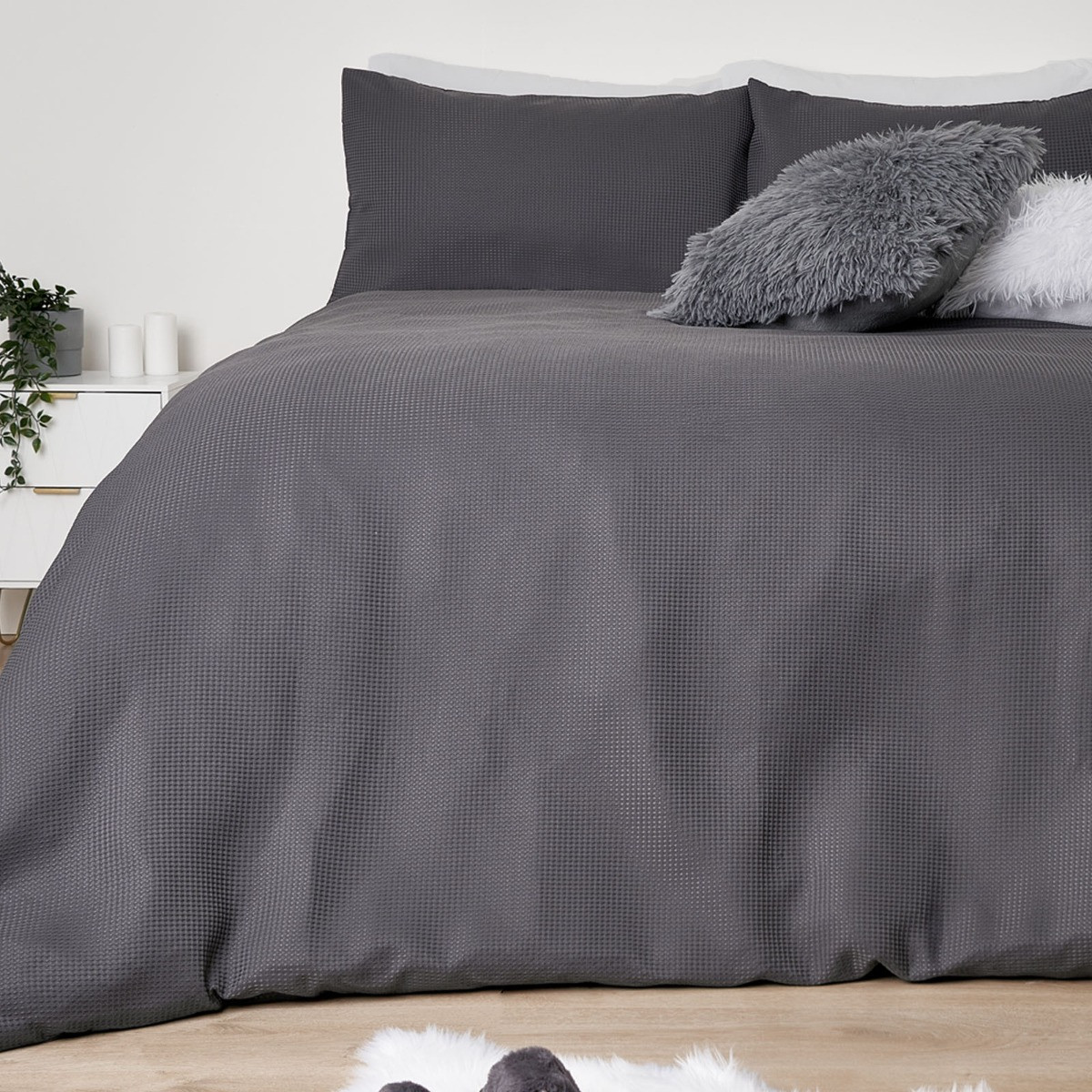 Sienna Waffle Weave Duvet Cover Set, Charcoal - Single>