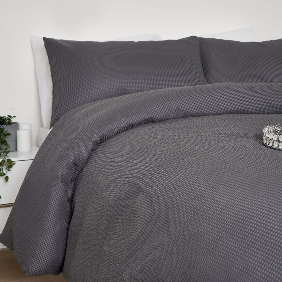 Sienna Waffle Weave Duvet Cover Set, Charcoal - Single>