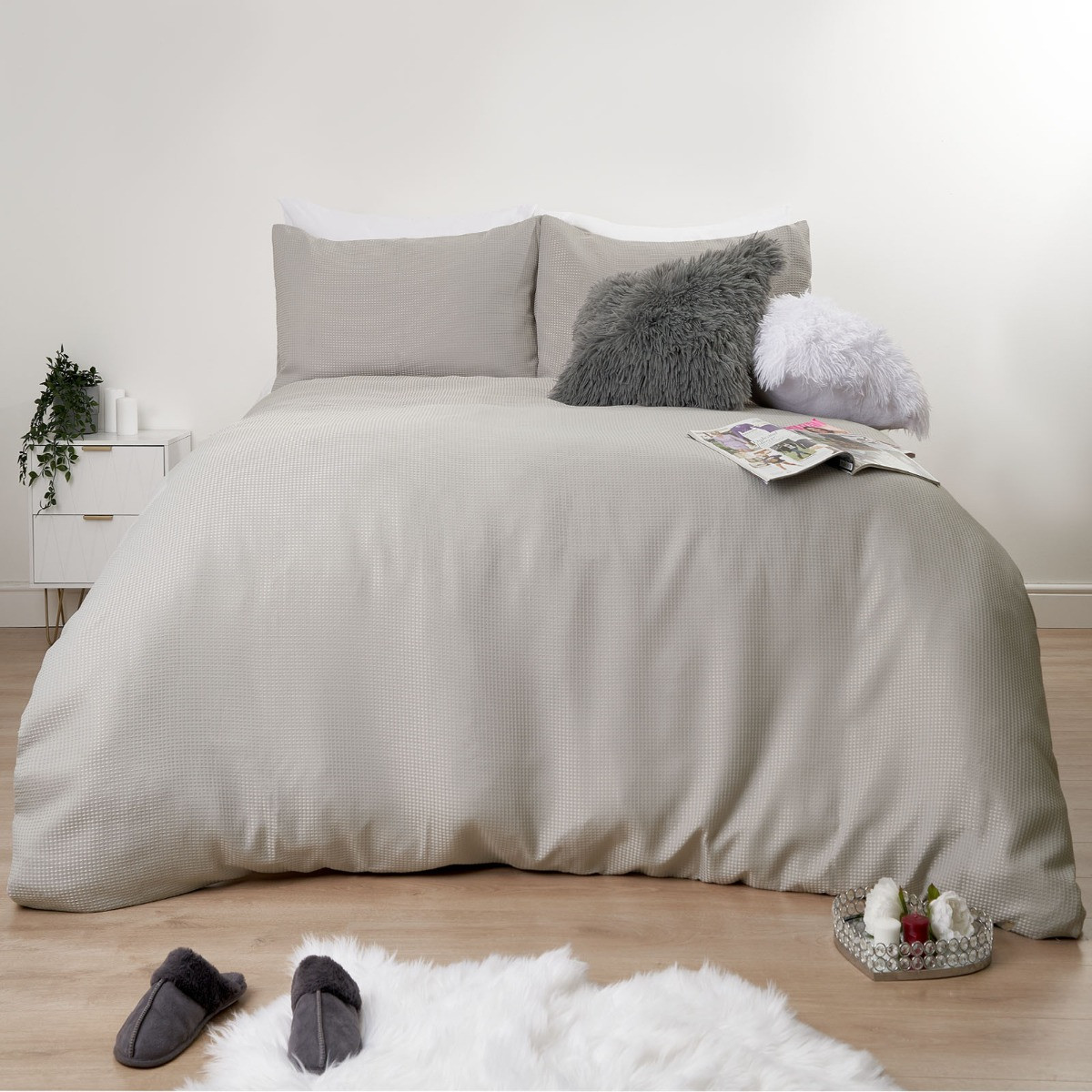 Sienna Waffle Weave Duvet Cover Set, Grey - Single>