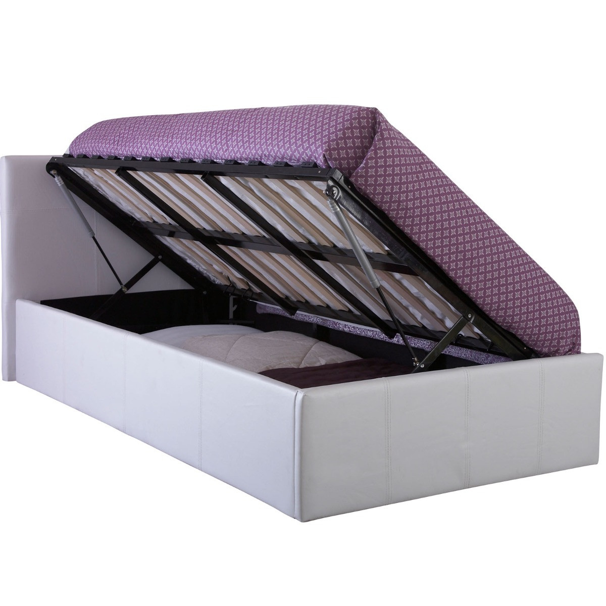 Side Lift Ottoman Storage Bed, 3ft Single - White>