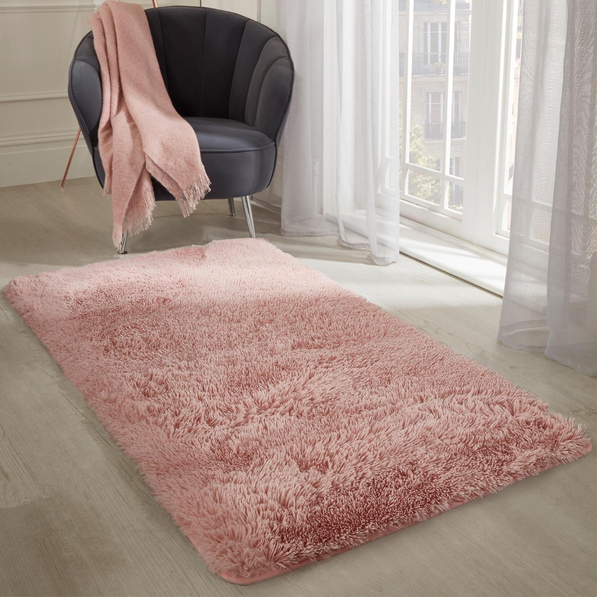 Sienna Soft Fluffy Rug Anti-Slip Plain Shaggy Floor Mat, Blush Pink - 120 x 170cm>