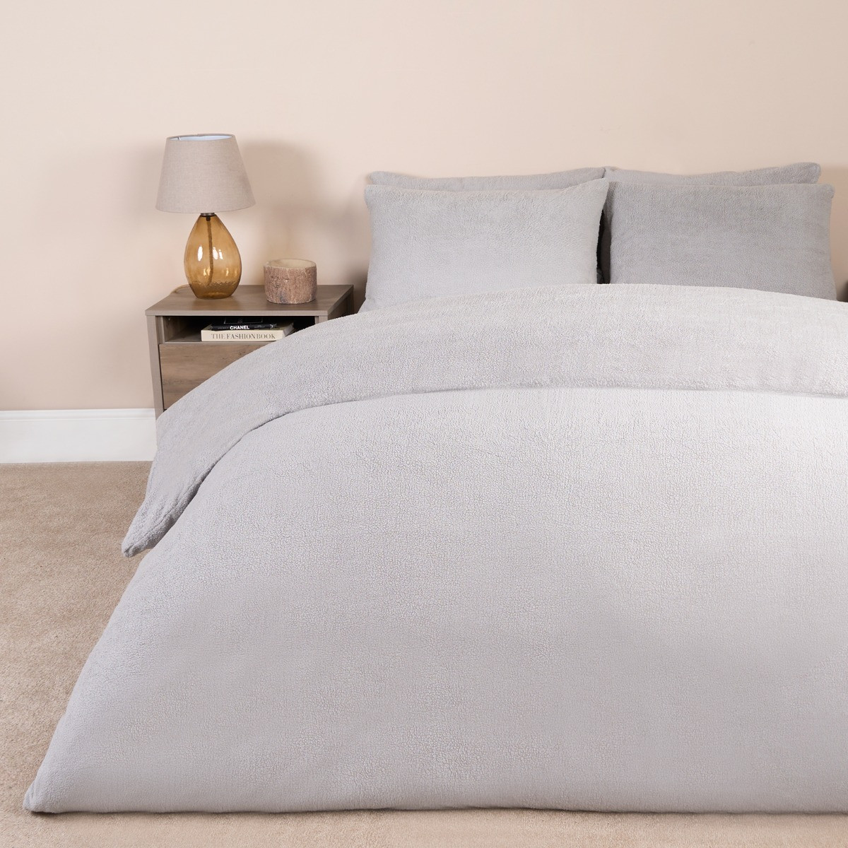 Brentfords Teddy Fleece Duvet Cover Set, Silver Grey - Single>