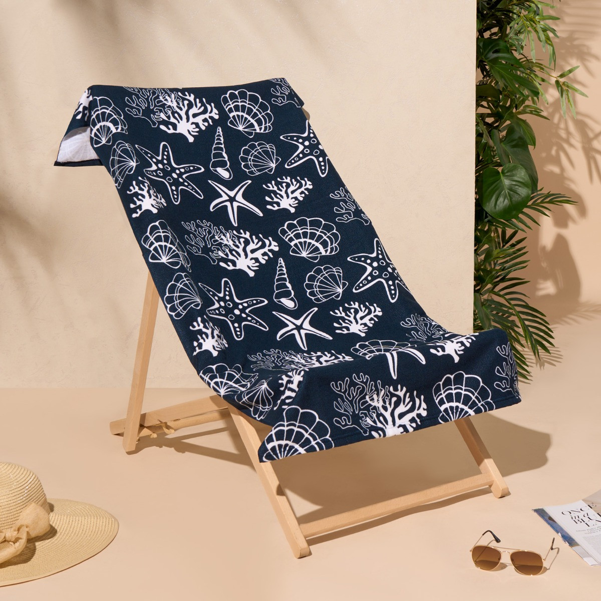 OHS Sea Print Beach Towel - Navy Blue>