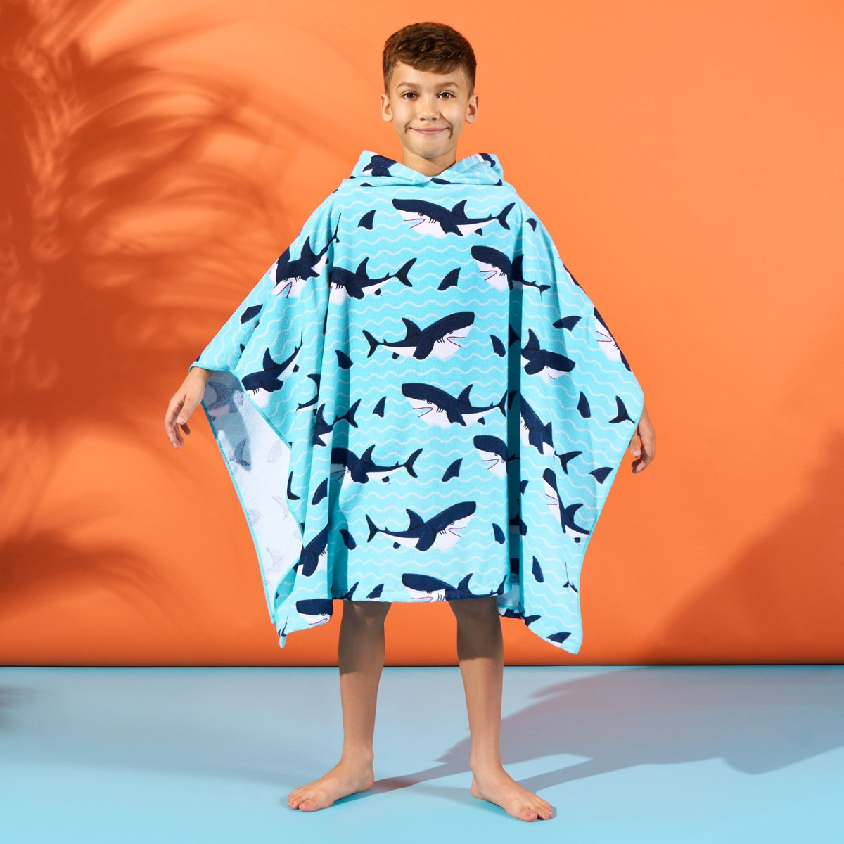 Dreamscene Kids Shark Print Beach Poncho Towel - Blue>