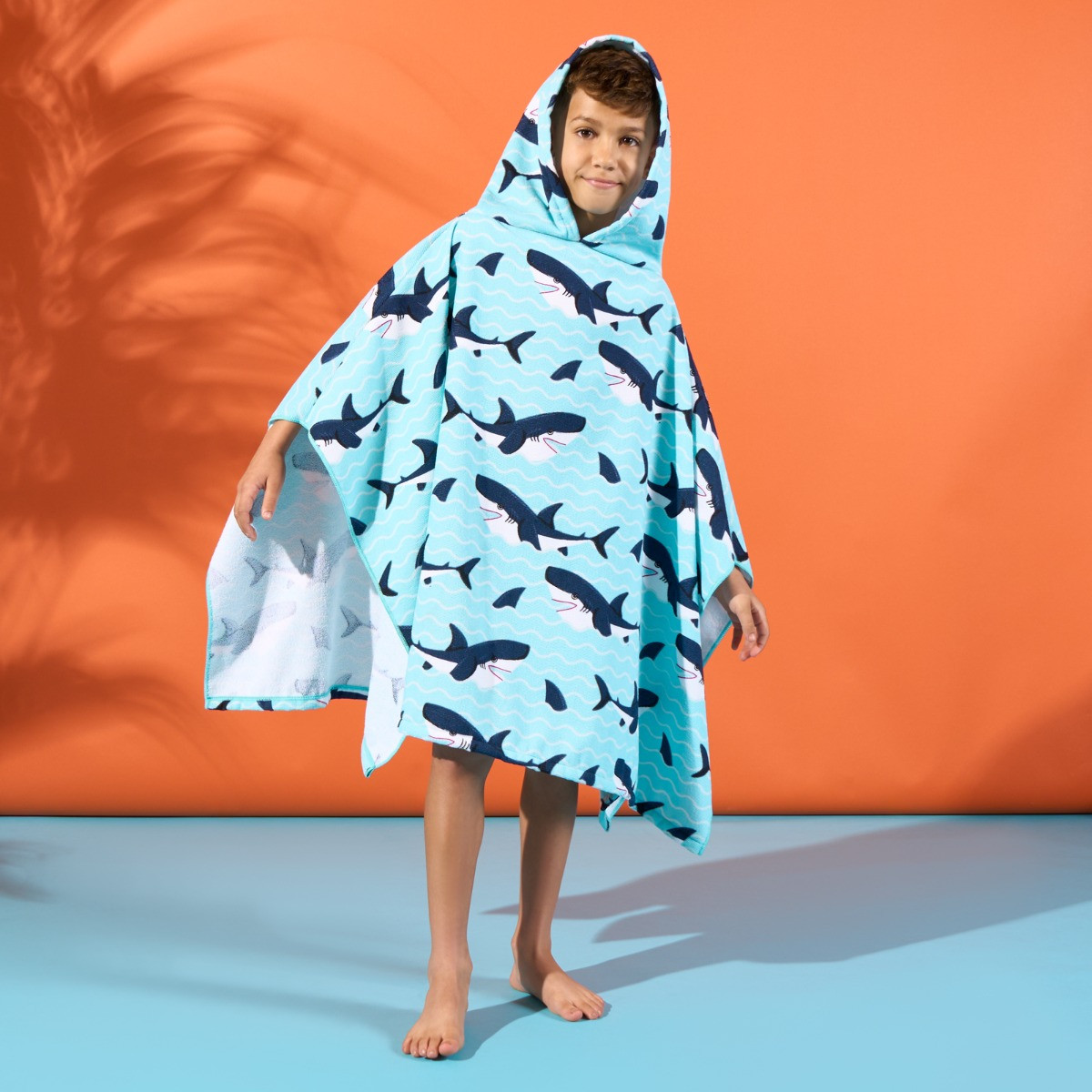 Dreamscene Kids Shark Print Beach Poncho Towel - Blue>