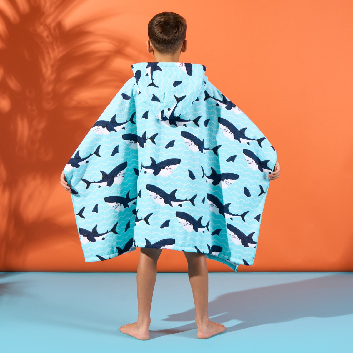 Dreamscene Kids Shark Print Beach Poncho Towel - Blue>