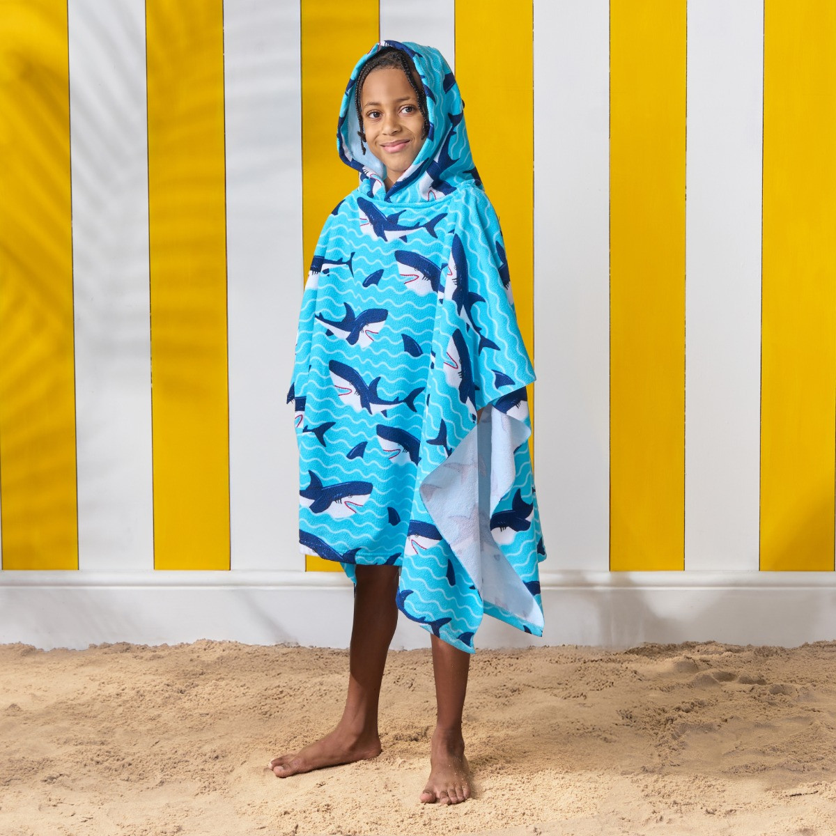 Dreamscene Kids Shark Print Beach Poncho Towel - Blue>