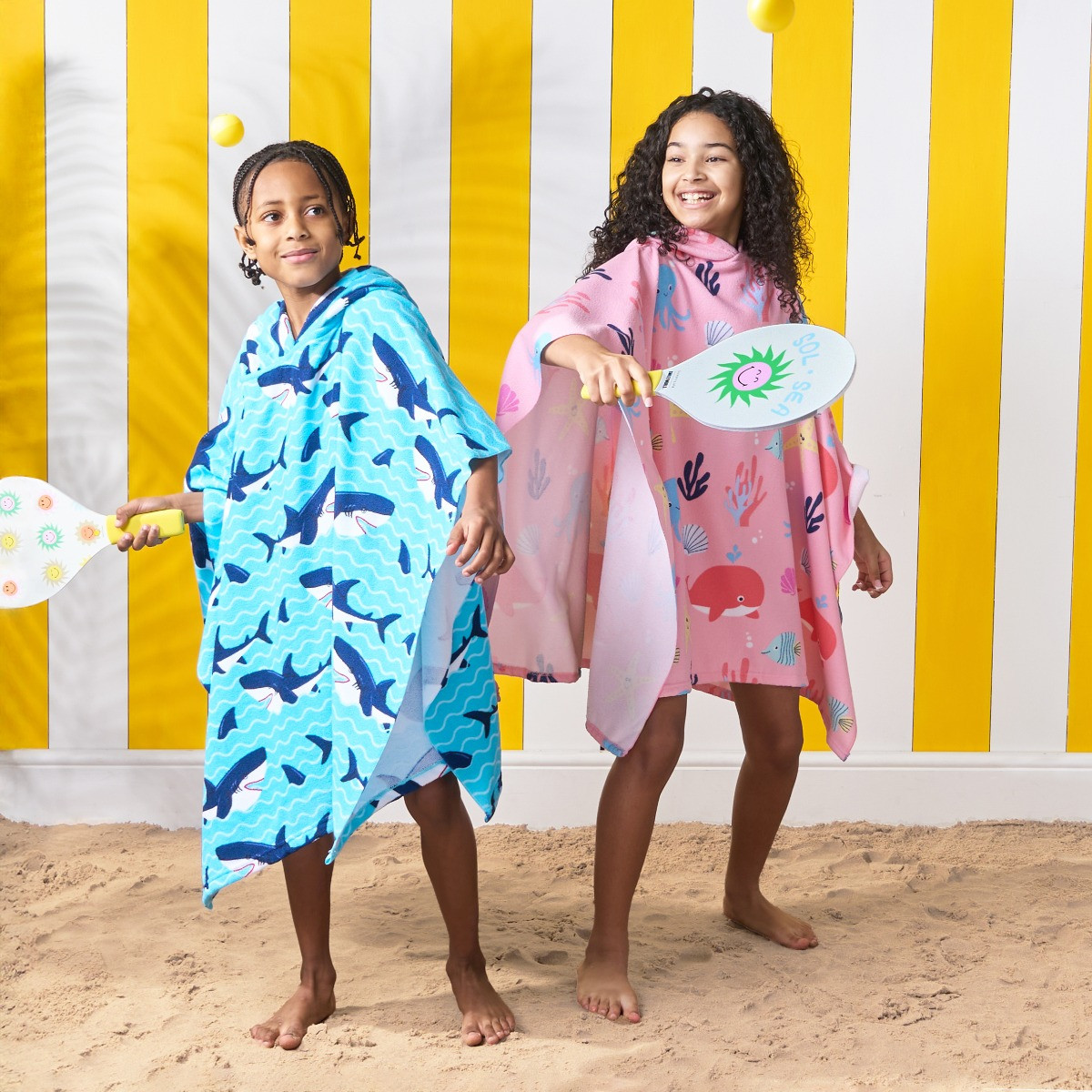 Dreamscene Kids Shark Print Beach Poncho Towel - Blue>