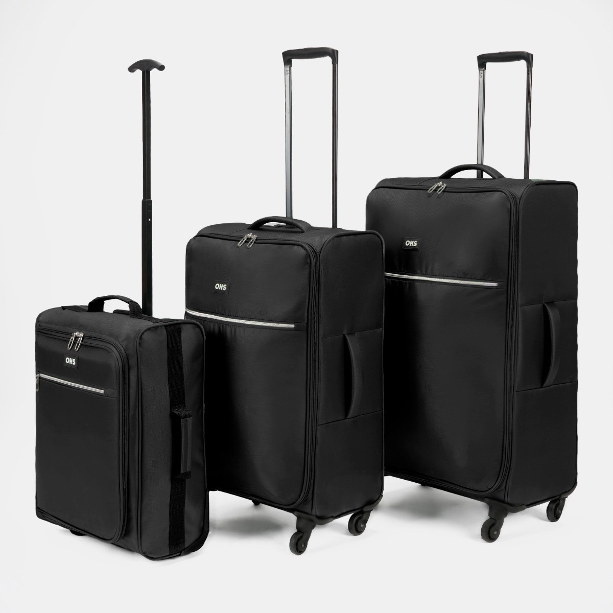 OHS 4 Wheel Soft Shell Lightweight Suitcase, Black - 3 Pack>