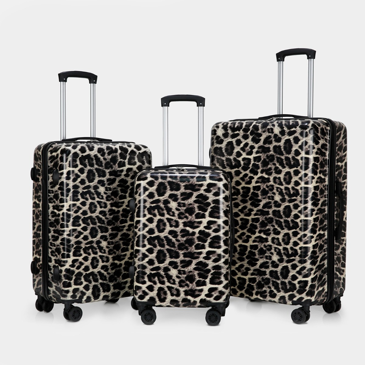 OHS 4 Wheel Leopard Print Hard Shell Suitcase, Natural - 3 Pack>