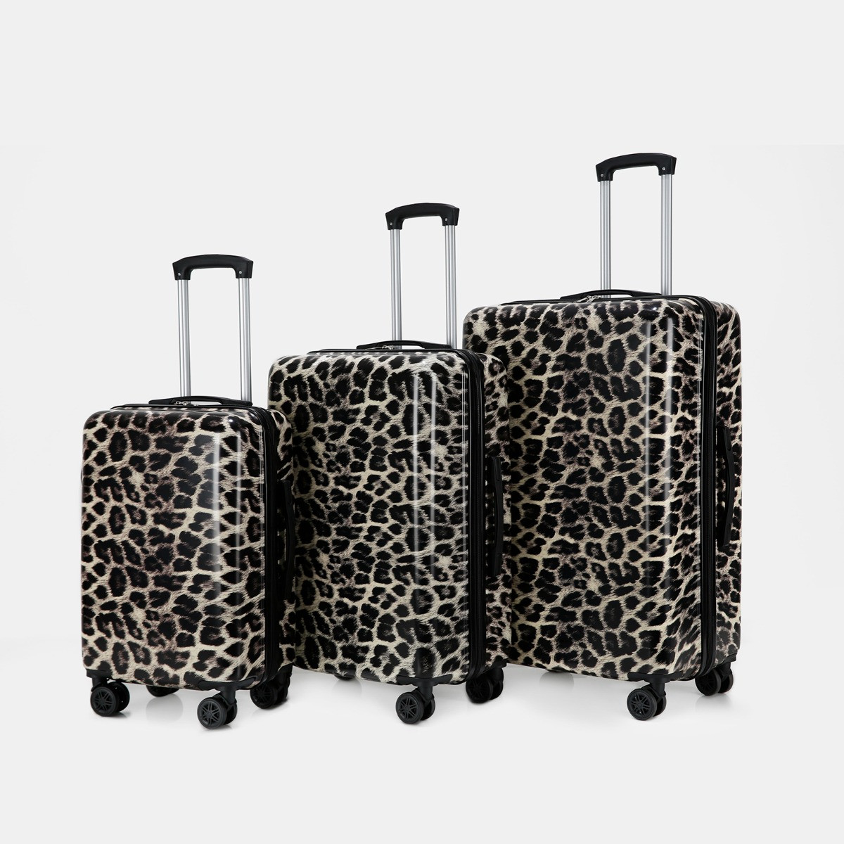 OHS 4 Wheel Leopard Print Hard Shell Suitcase, Natural - 3 Pack>