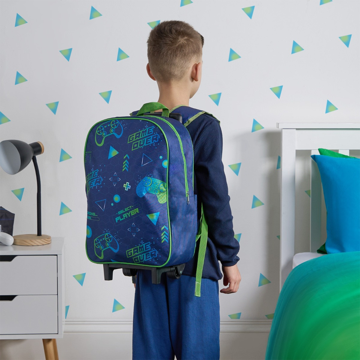 OHS Kids Gaming Print Trolley Backpack - Navy>