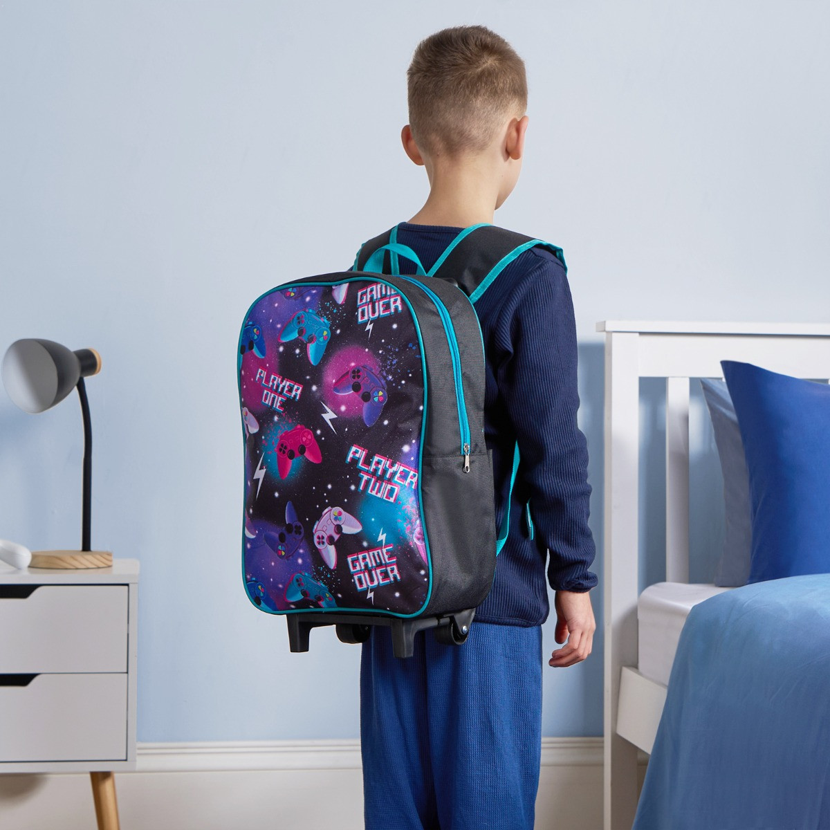 OHS Kids Gaming Print Trolley Backpack - Purple>