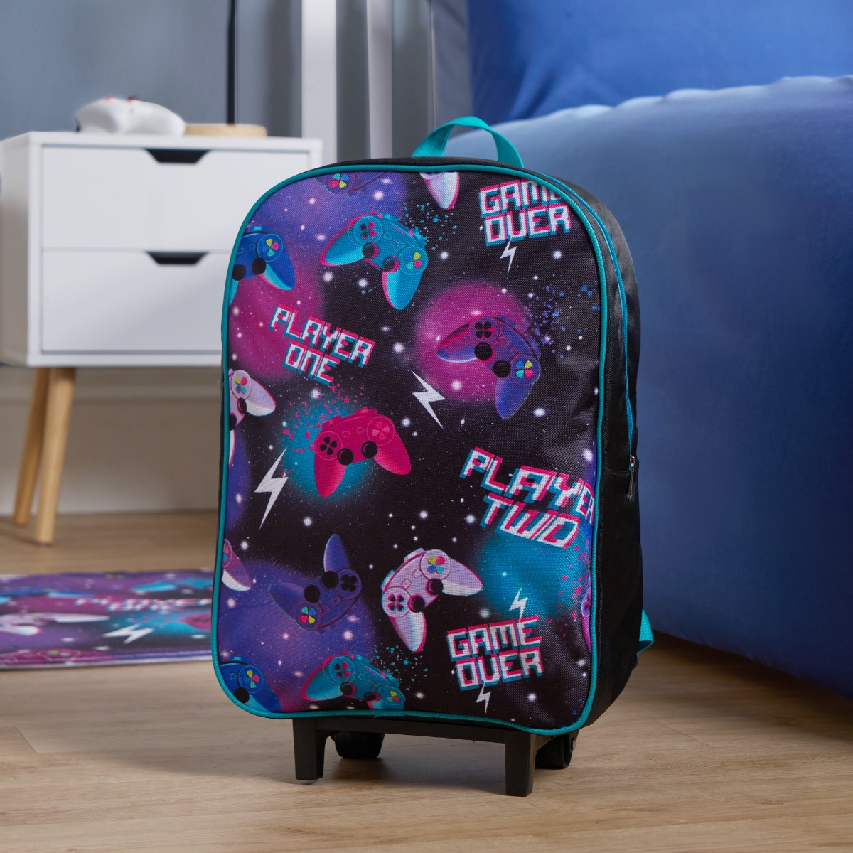 OHS Kids Gaming Print Trolley Backpack - Purple>