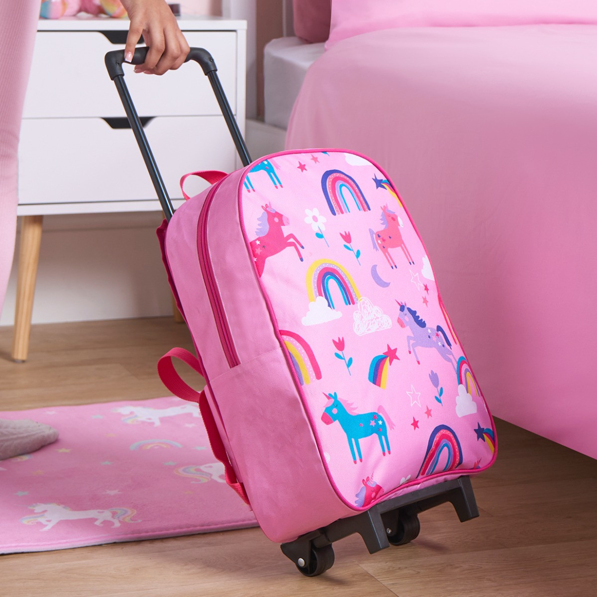 OHS Kids Unicorn Print Trolley Backpack - Pink>