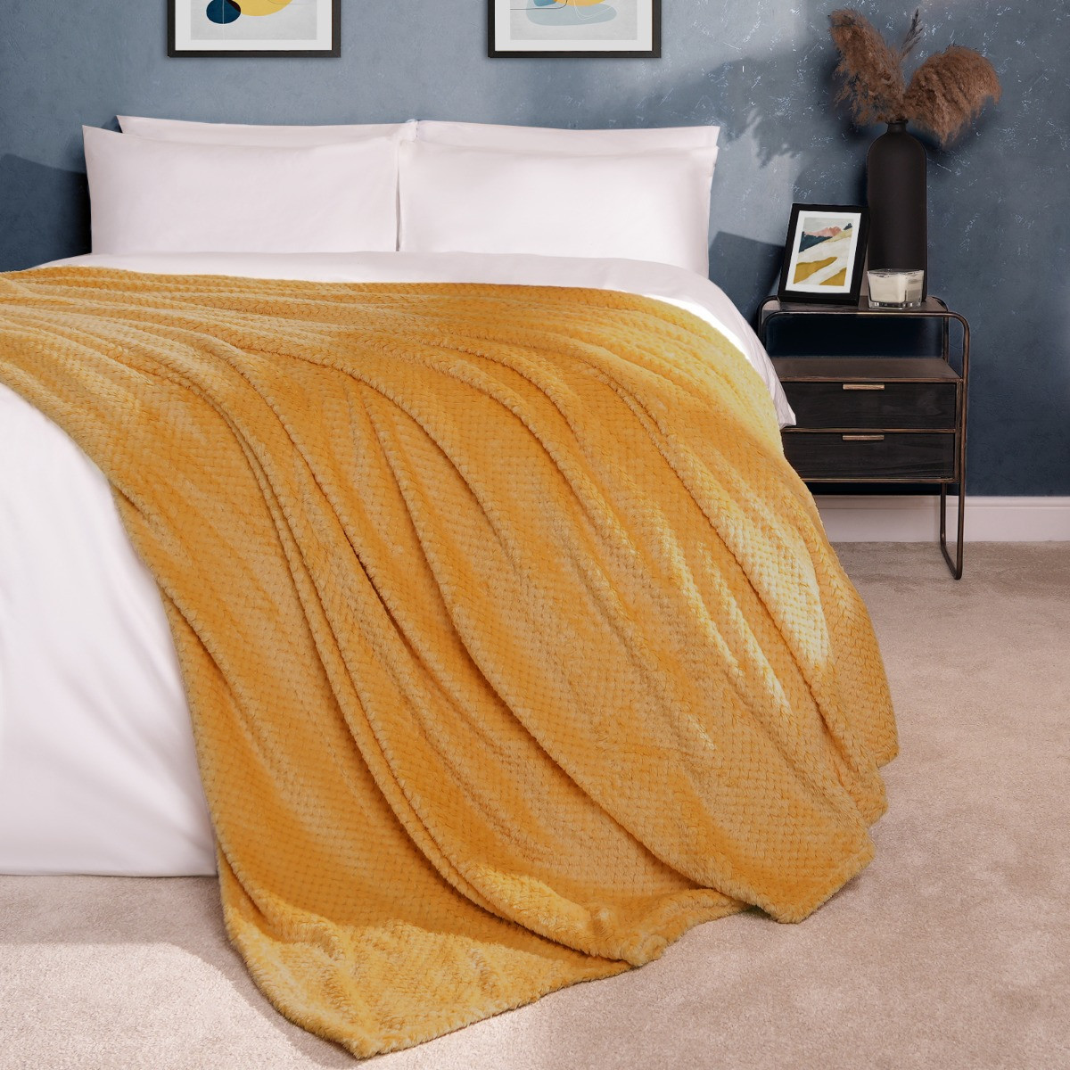 Dreamscene Waffle Mink Throw Single, Mustard Ochre Yellow - 125 x 150cm>