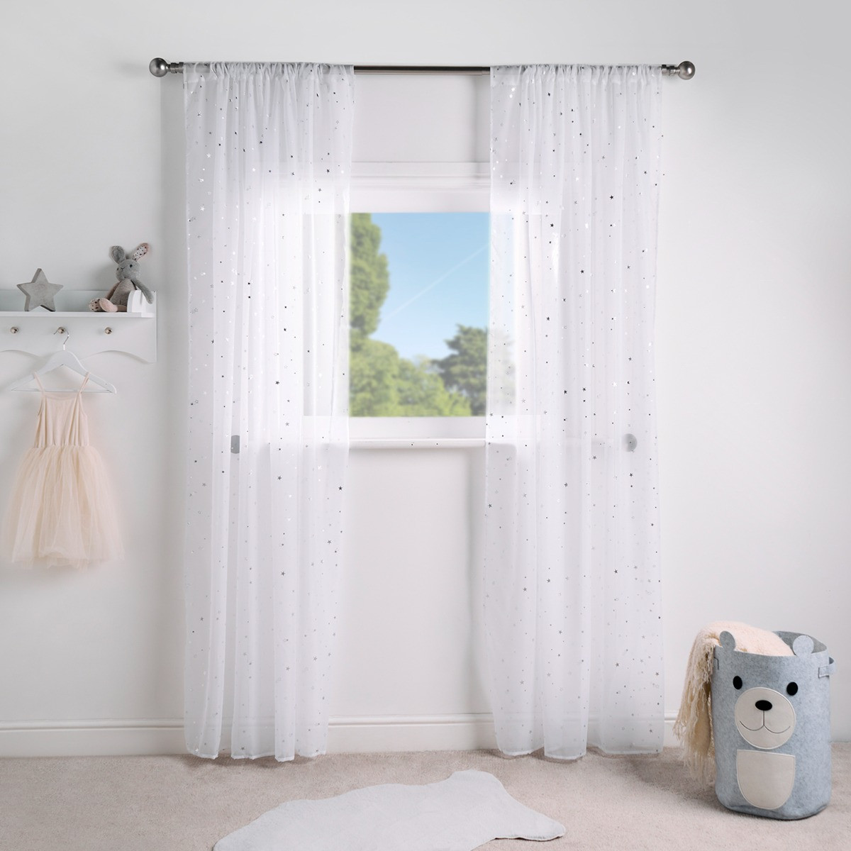 OHS Metallic Star Print Slot Top Voile Curtains (Pair) - White>