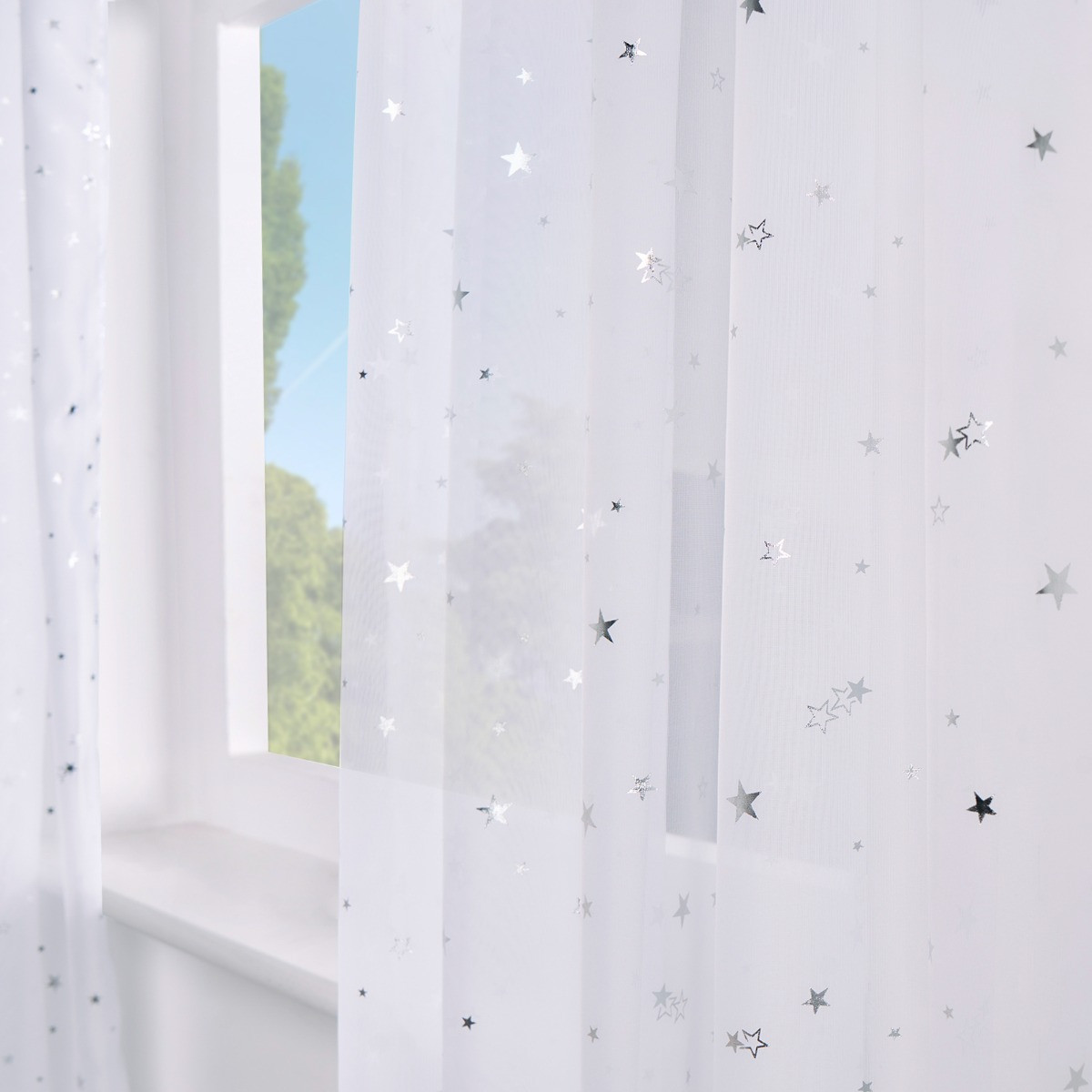 OHS Metallic Star Print Slot Top Voile Curtains (Pair) - White>