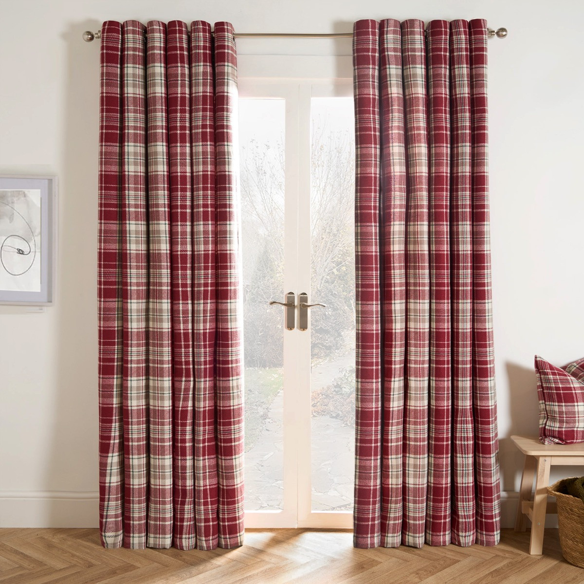 OHS Woven Check Eyelet Curtains, Dorset Red - 90 x 90">