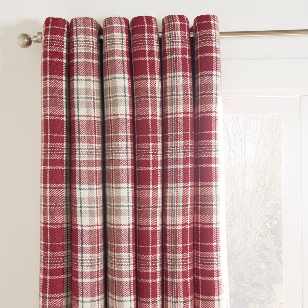 OHS Woven Check Eyelet Curtains, Dorset Red - 90 x 90">