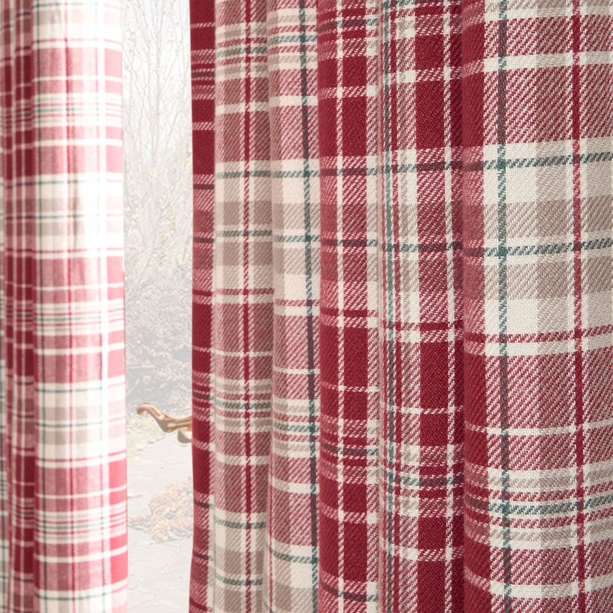 OHS Woven Check Eyelet Curtains, Dorset Red - 90 x 90">