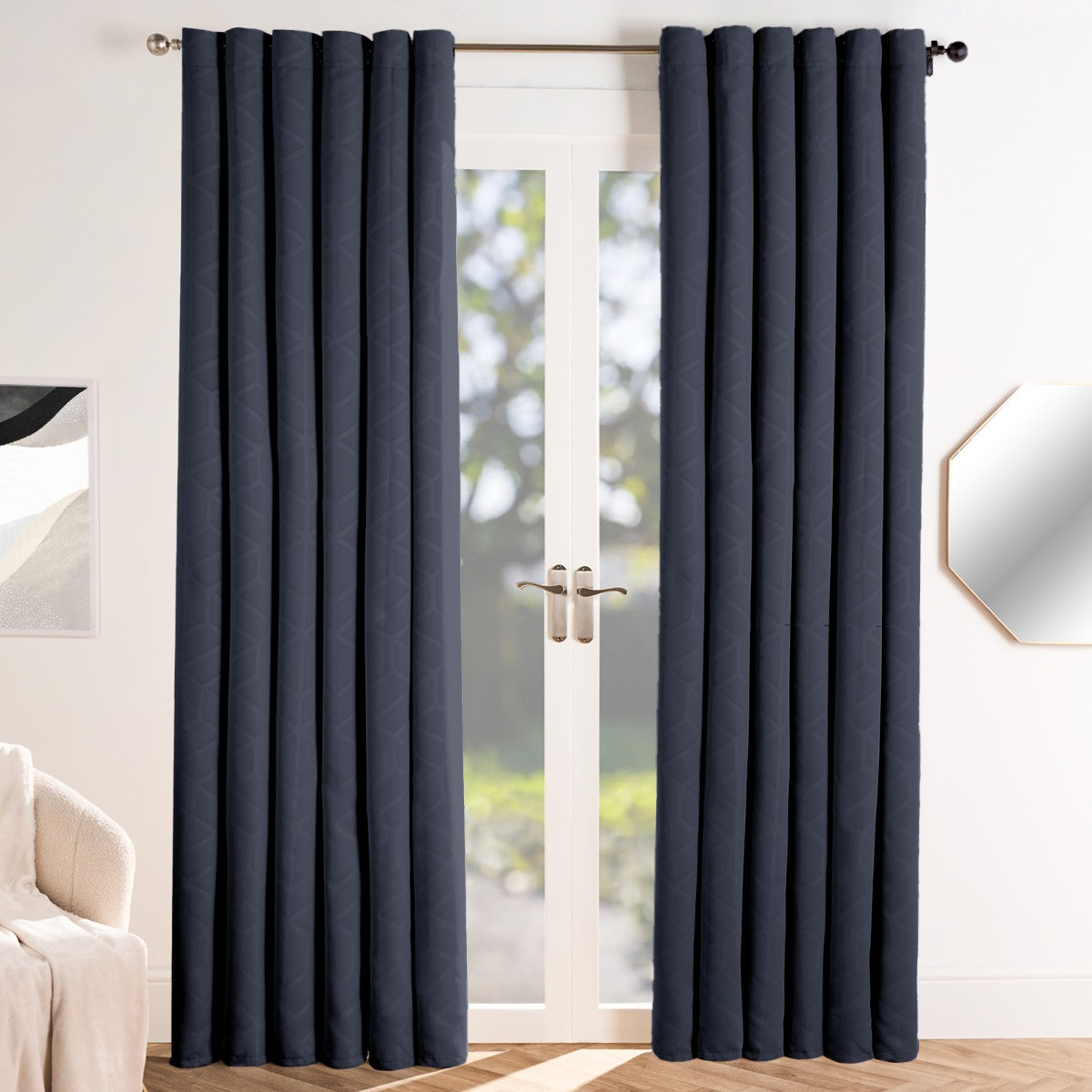 OHS Eyelet Geometric Embossed Blackout Curtains - Navy >