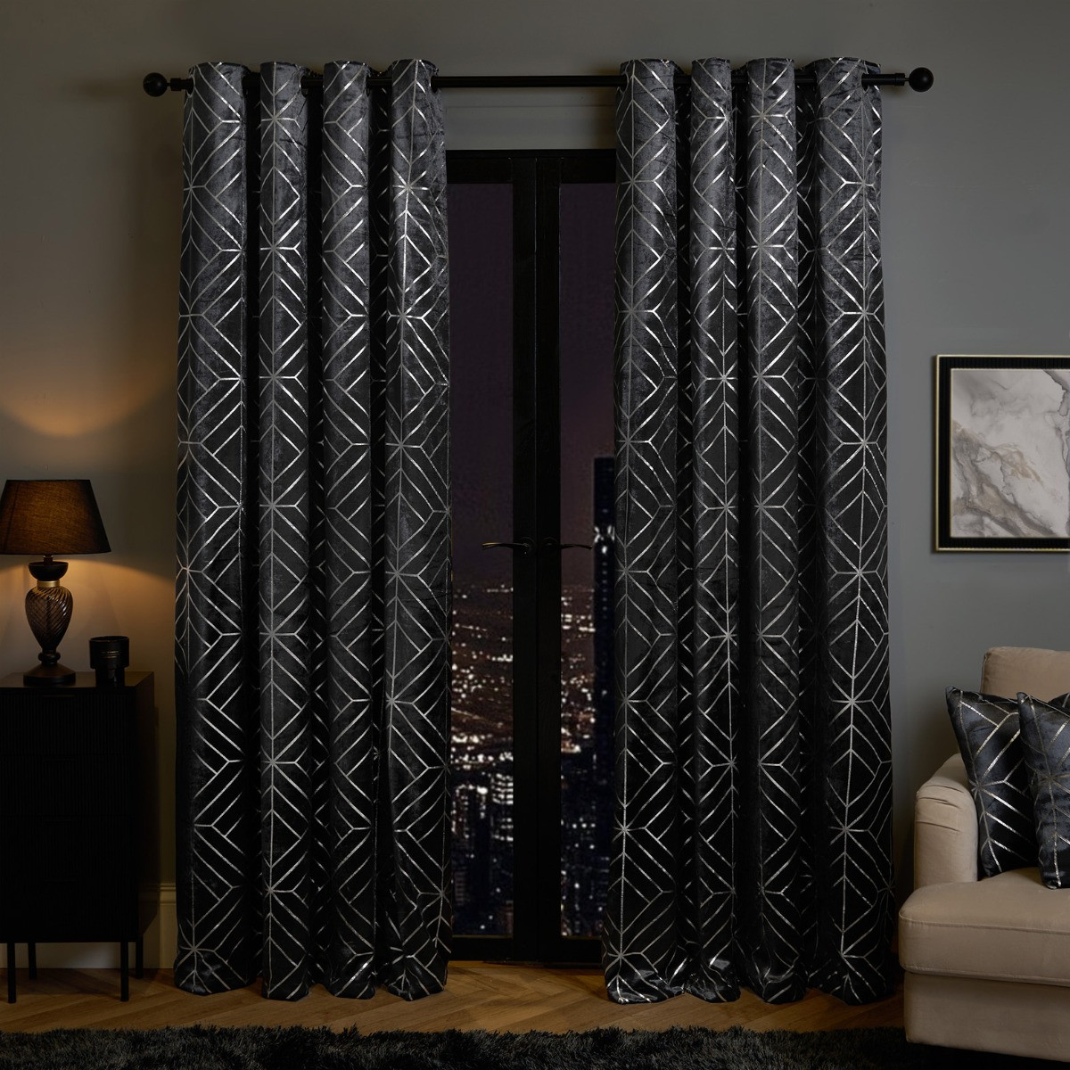 OHS Metallic Foil Geometric Print Velvet Curtains - Charcoal>