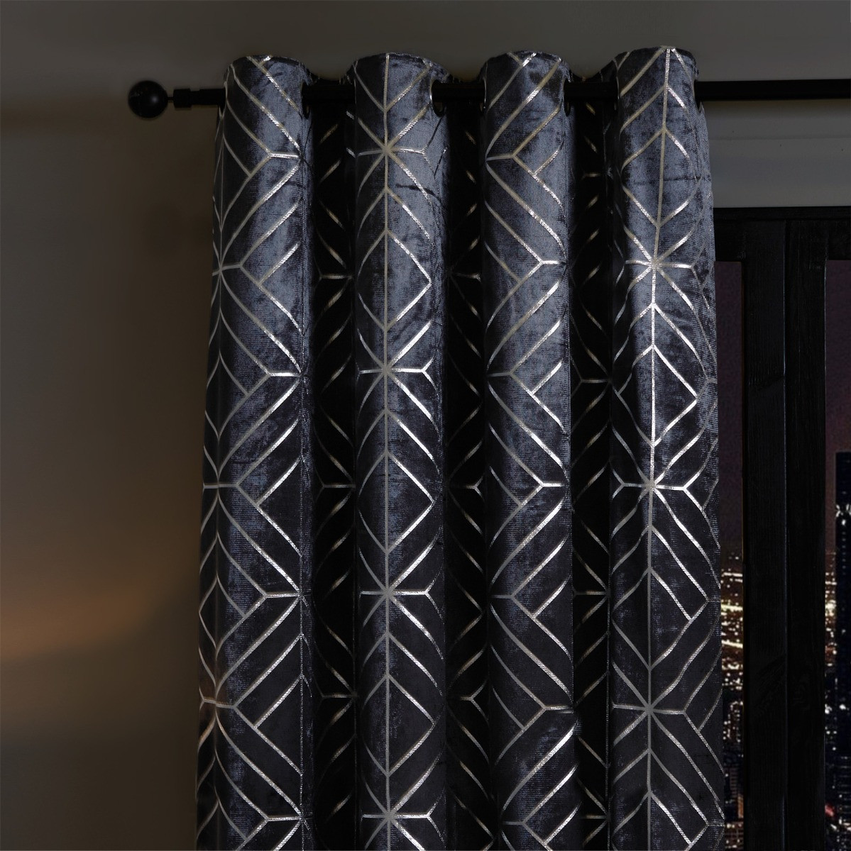 OHS Metallic Foil Geometric Print Velvet Curtains - Charcoal>