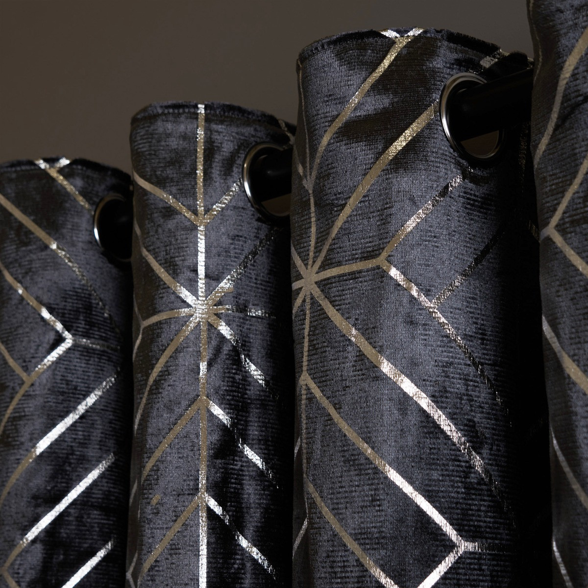 OHS Metallic Foil Geometric Print Velvet Curtains - Charcoal>