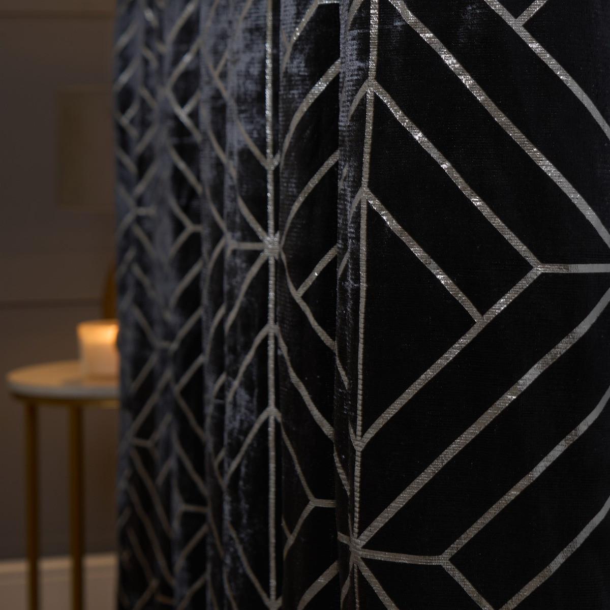 OHS Metallic Foil Geometric Print Velvet Curtains - Charcoal>