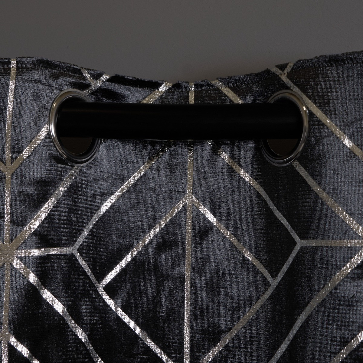 OHS Metallic Foil Geometric Print Velvet Curtains - Charcoal>