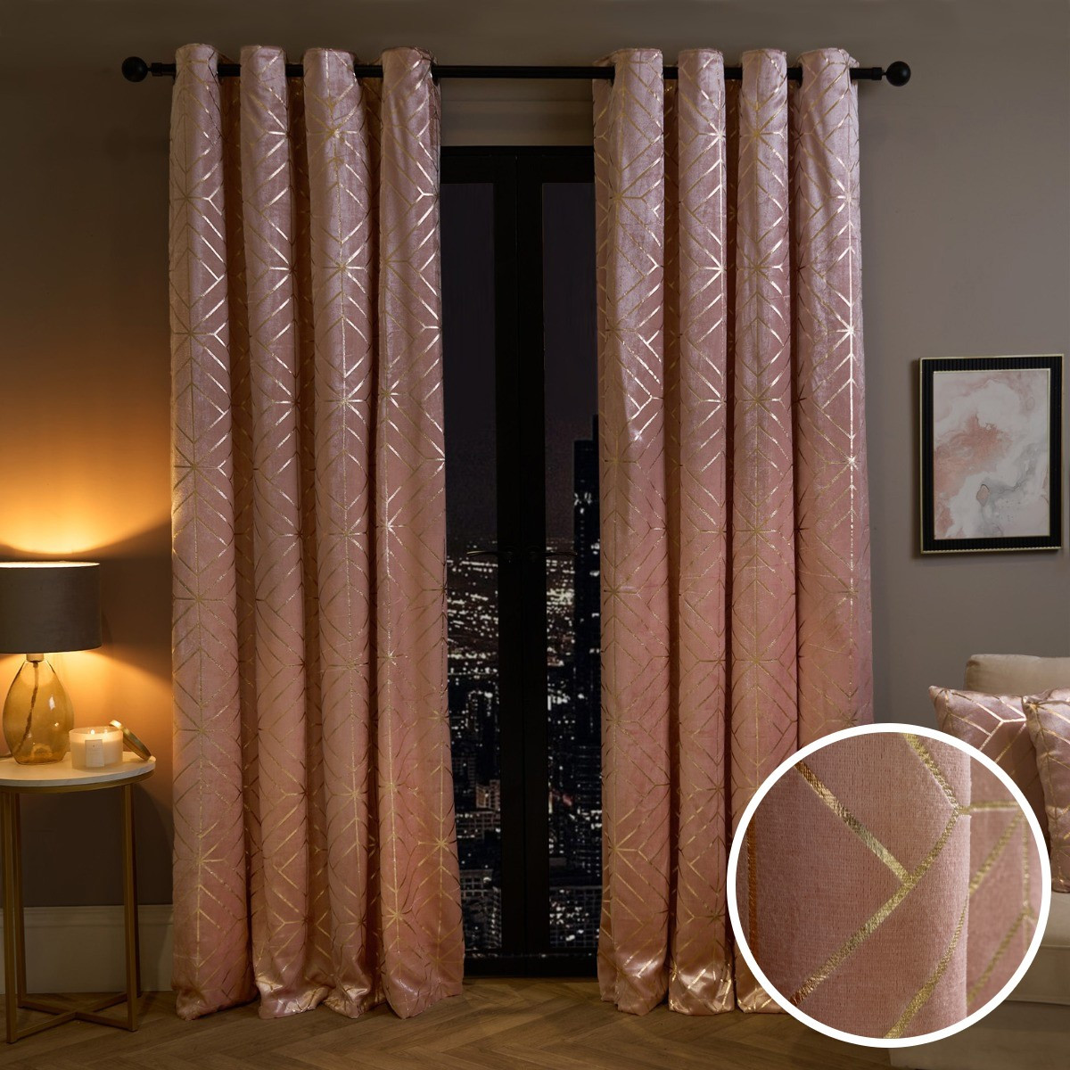 OHS Metallic Foil Geometric Print Velvet Curtains - Blush>