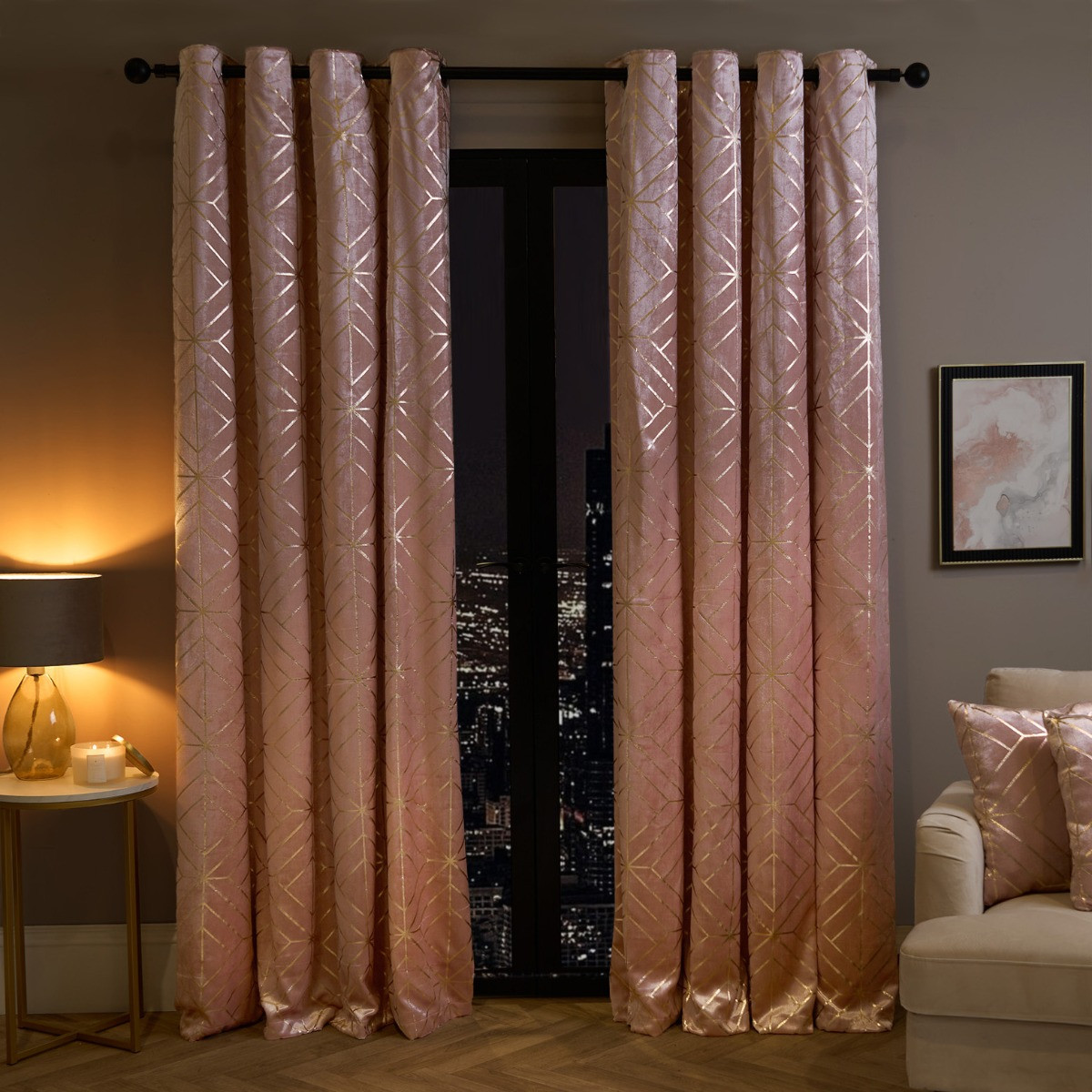 OHS Metallic Foil Geometric Print Velvet Curtains - Blush>