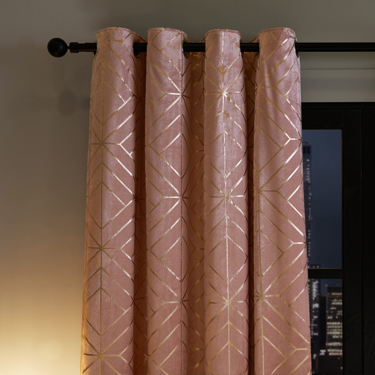 OHS Metallic Foil Geometric Print Velvet Curtains - Blush>