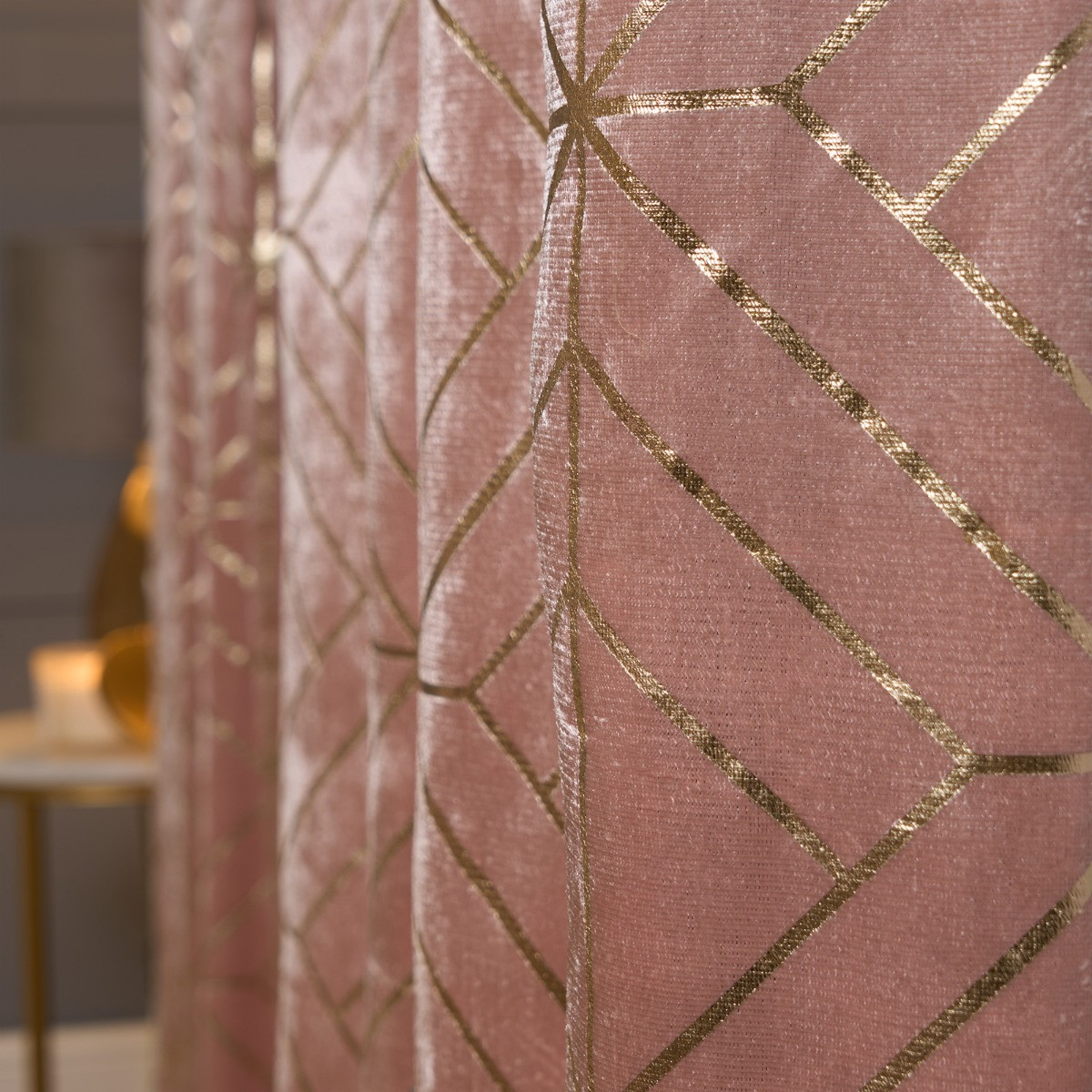 OHS Metallic Foil Geometric Print Velvet Curtains - Blush>