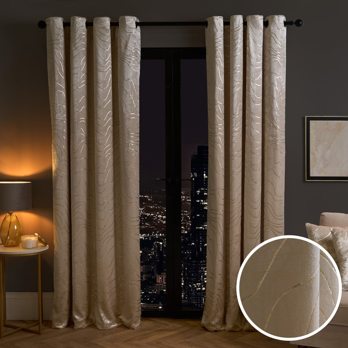 OHS Metallic Wave Print Velvet Curtains, Natural - 66 x 72">