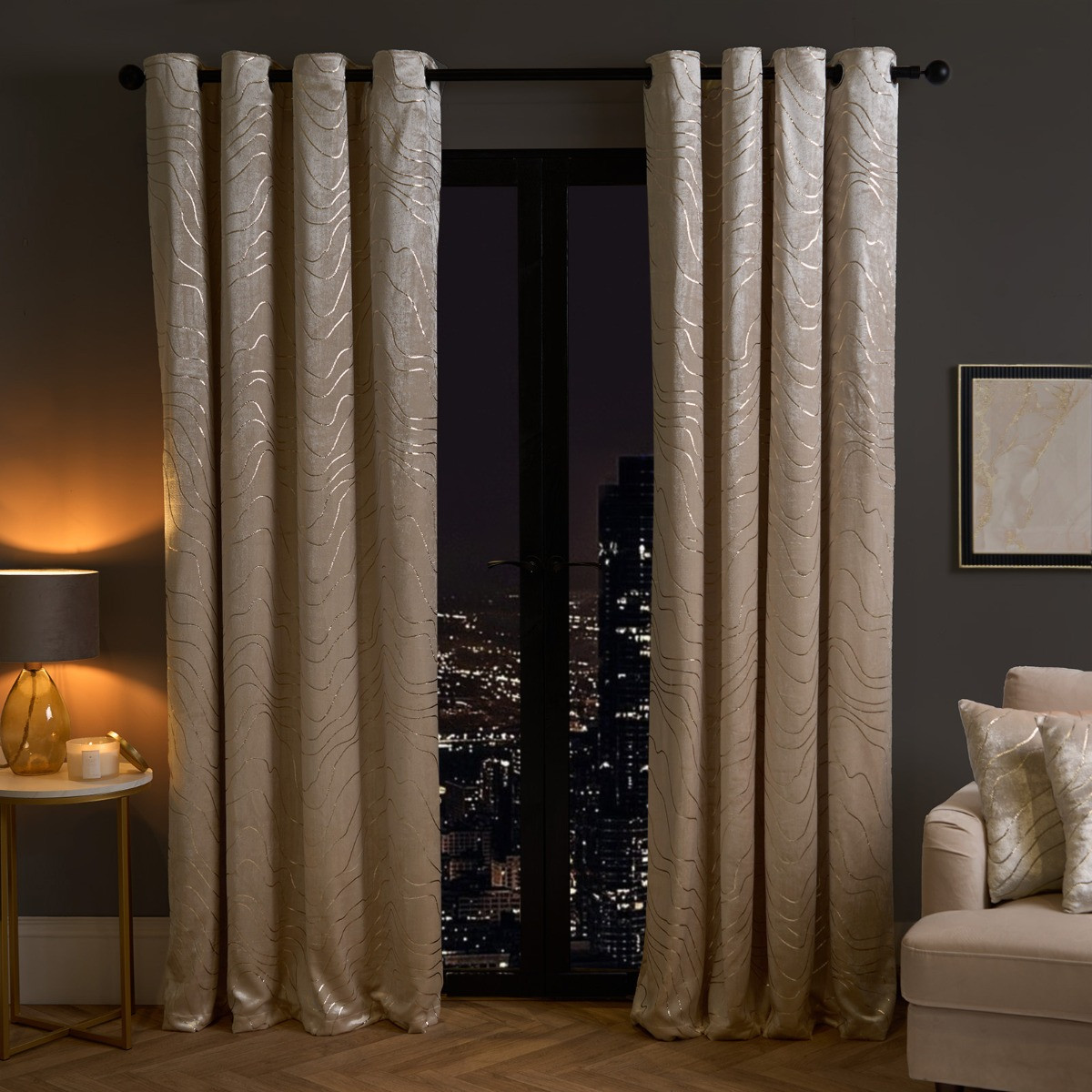 OHS Metallic Wave Print Velvet Curtains, Natural - 66 x 72">