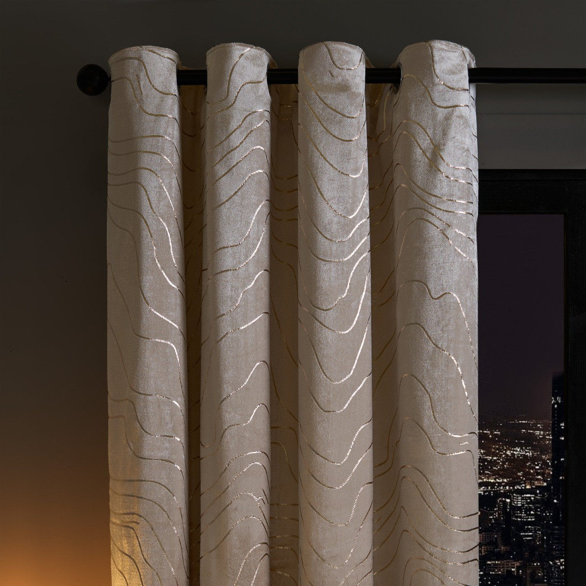 OHS Metallic Wave Print Velvet Curtains, Natural - 66 x 72">