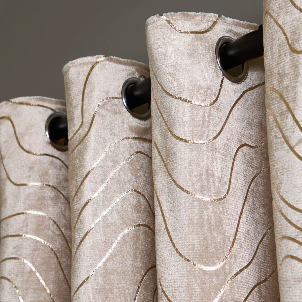 OHS Metallic Wave Print Velvet Curtains, Natural - 66 x 72">