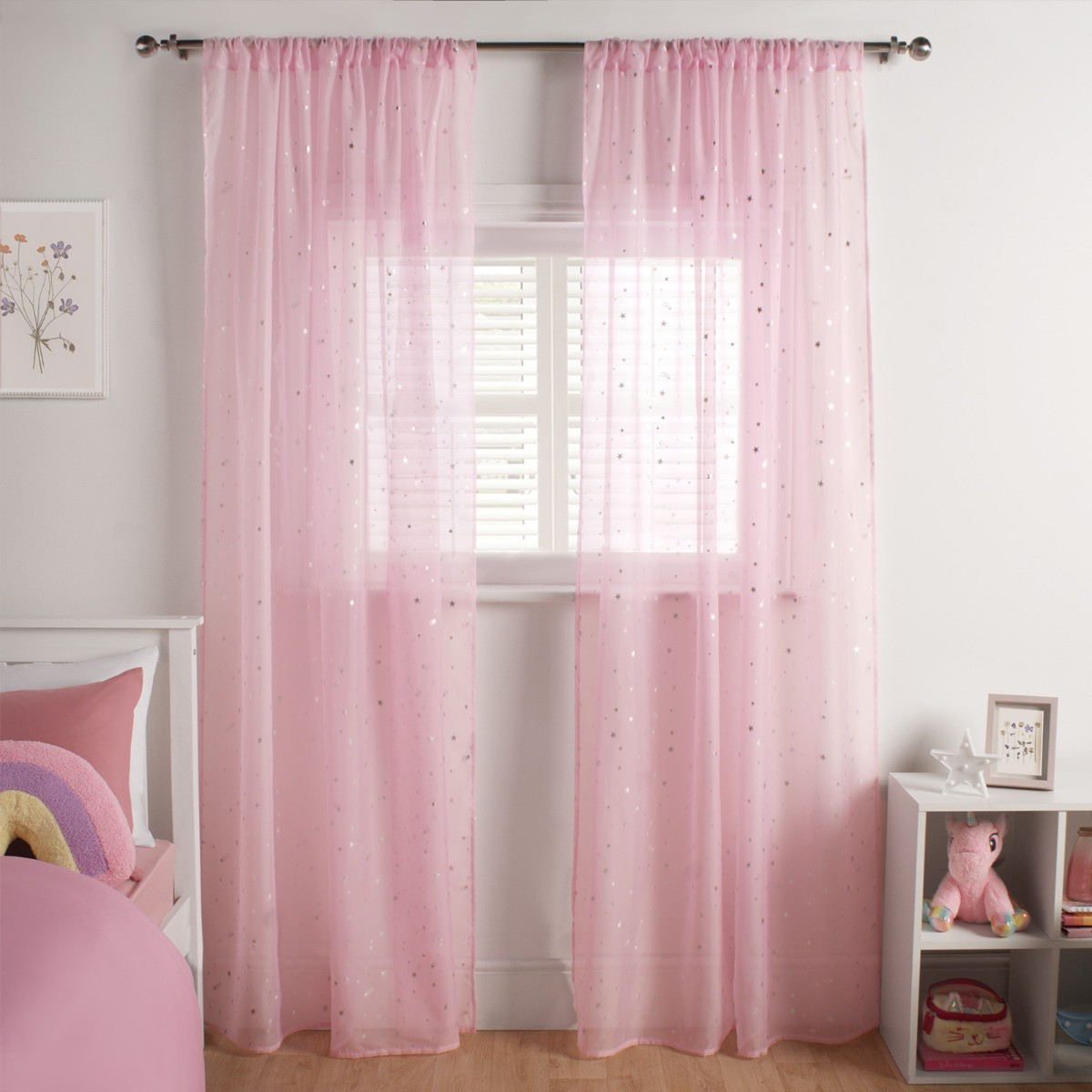 OHS Metallic Star Print Slot Top Voile Curtains (Pair) - Pink>