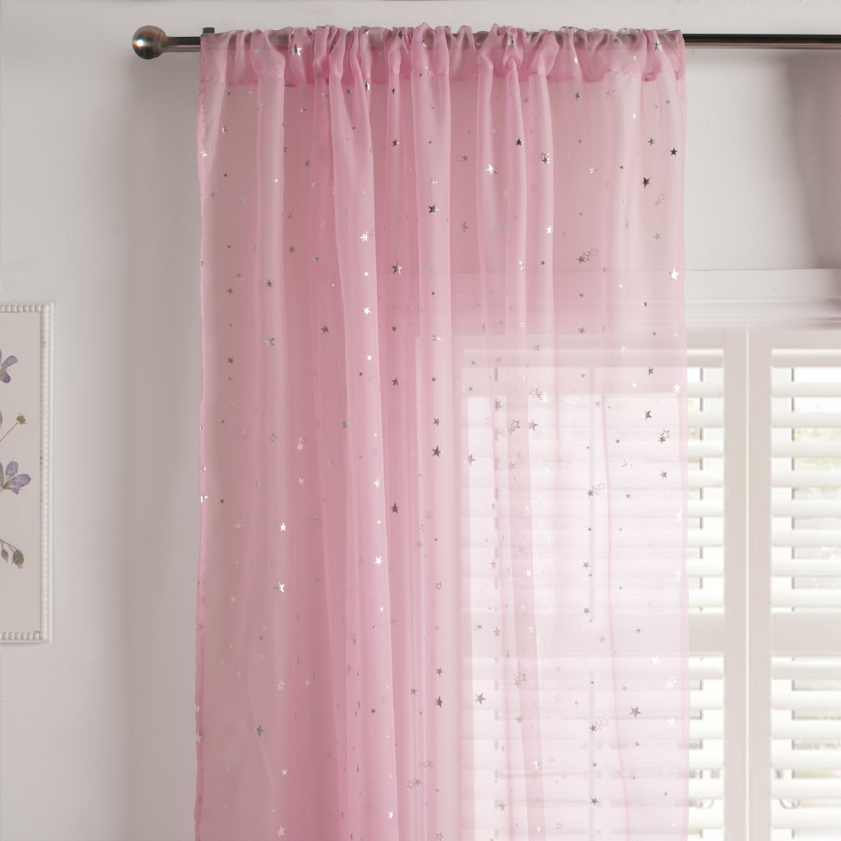 OHS Metallic Star Print Slot Top Voile Curtains (Pair) - Pink>